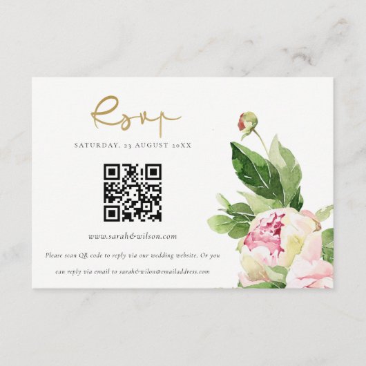 Roze Blush Pioen Bloemen Bruiloft QR Code RSVP Informatiekaartje (Voorkant)
