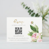 Roze Blush Pioen Bloemen Bruiloft QR Code RSVP Informatiekaartje (Staand voorkant)
