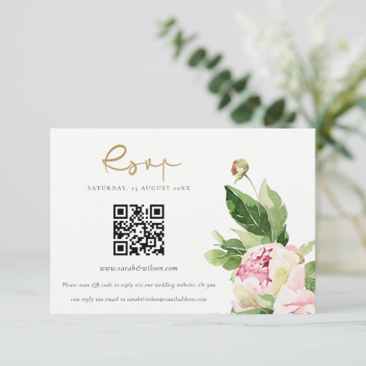 Roze Blush Pioen Bloemen Bruiloft QR Code RSVP Informatiekaartje (Staand voorkant)