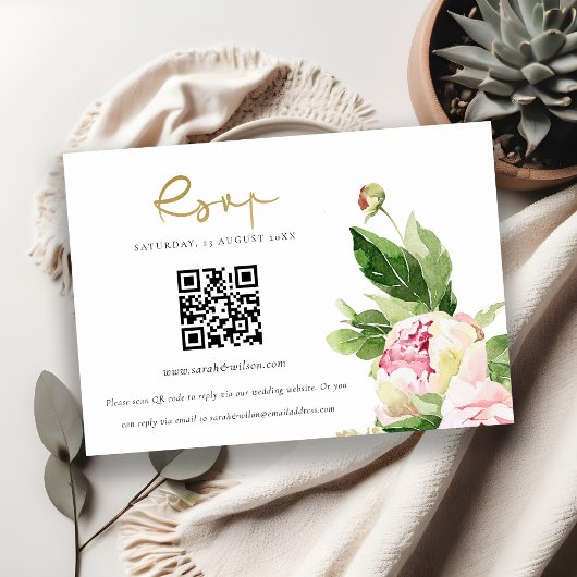 Roze Blush Pioen Bloemige Trouw QR Code RSVP Informatiekaartje