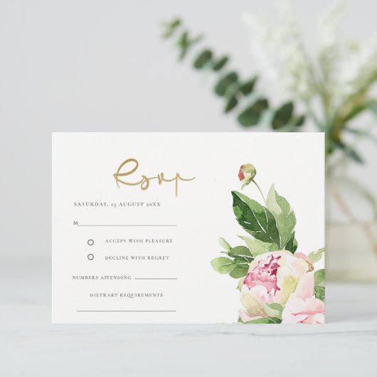 Roze Blush Pioen Bloemige Waterverf Bruiloft RSVP (Staand voorkant)