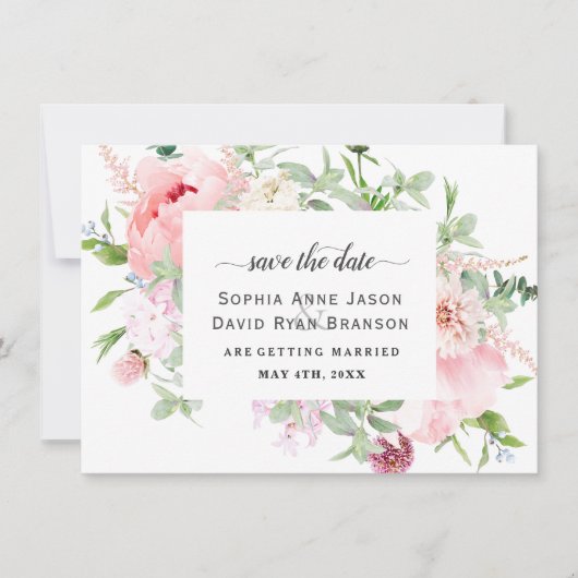Roze Blush Pioen Bloesem Bruiloft Calligrafie Save The Date (Voorkant)