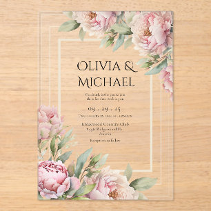 Roze Blush Pioenrozen Elegante Trouw Acryl Uitnodigingen