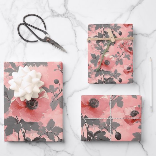 Roze, blush poppy bloem patroon inpakpapier vel (Voorkant)