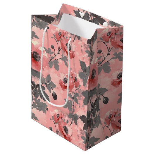 Roze, blush poppy bloem patroon medium cadeauzakje (Voorkant Gekanteld)