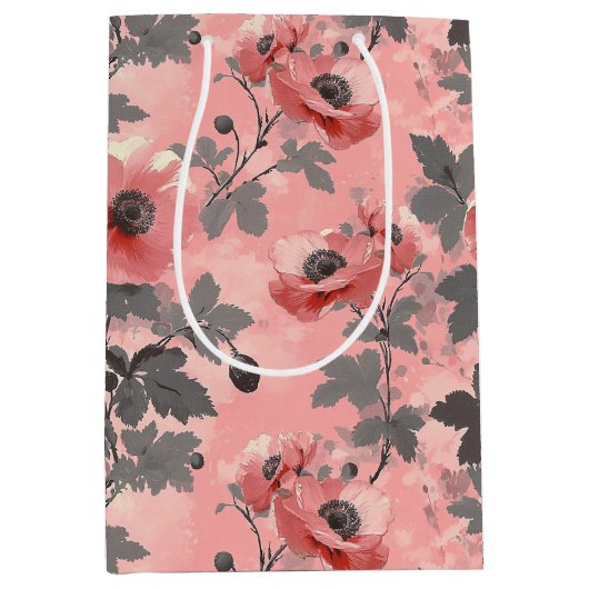 Roze, blush poppy bloem patroon medium cadeauzakje (Voorkant)