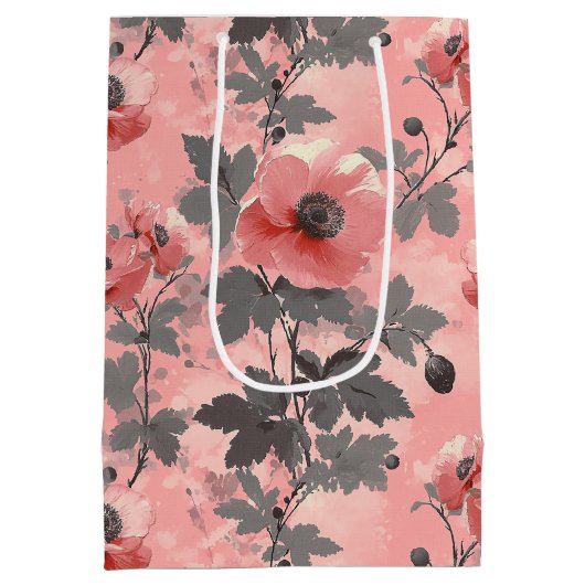Roze, blush poppy bloem patroon medium cadeauzakje (Achterkant)