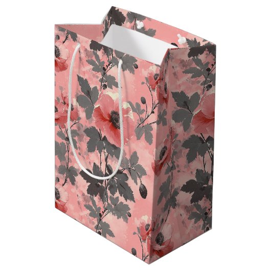 Roze, blush poppy bloem patroon medium cadeauzakje (Achterkant Gekanteld)
