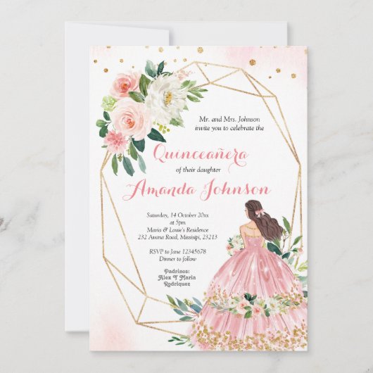 Roze Blush Princess Quinceañera Uitnodiging (Voorkant)
