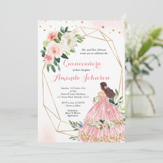 Roze Blush Princess Quinceañera Uitnodiging (Staand voorkant)
