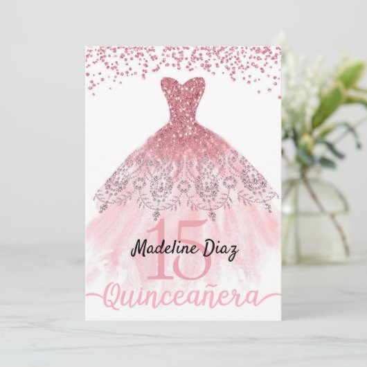 Roze Blush Quinceanera Birthday Uitnodiging (Staand voorkant)