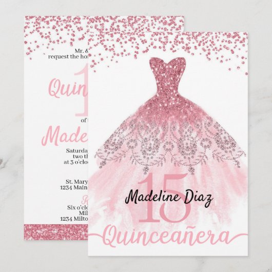 Roze Blush Quinceanera Birthday Uitnodiging (Voorkant / Achterkant)
