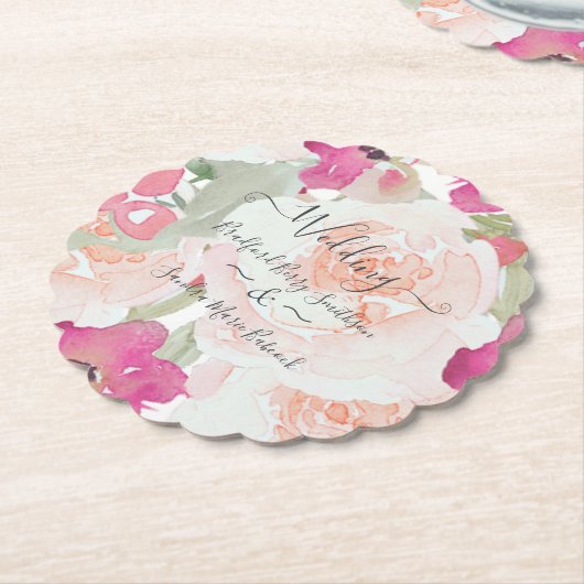 Roze Blush Raspberry Waterverf Bloemen Huwelijk Kartonnen Onderzetters (Gekanteld)