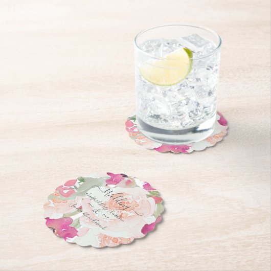 Roze Blush Raspberry Waterverf Bloemen Huwelijk Kartonnen Onderzetters (Insitu)