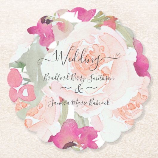 Roze Blush Raspberry Waterverf Bloemen Huwelijk Kartonnen Onderzetters (Voorkant)