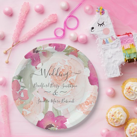 Roze Blush Raspberry Waterverf Bloemen Huwelijk Papieren Bordje (Feest)