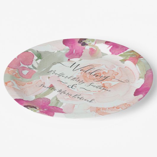 Roze Blush Raspberry Waterverf Bloemen Huwelijk Papieren Bordje (Gekanteld)