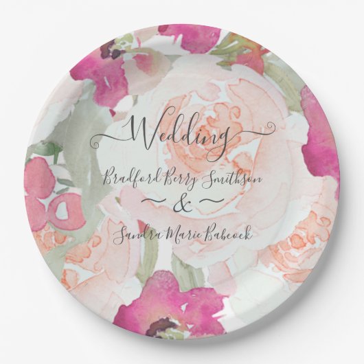 Roze Blush Raspberry Waterverf Bloemen Huwelijk Papieren Bordje (Voorkant)