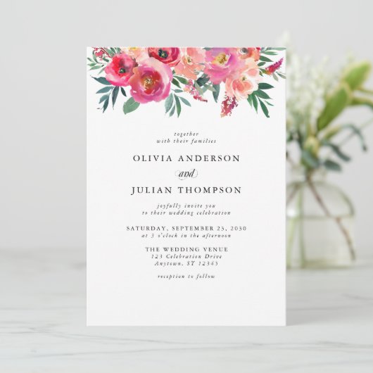 Roze Blush & Rode Bloemen Waterverf bruiloft Kaart (Staand voorkant)