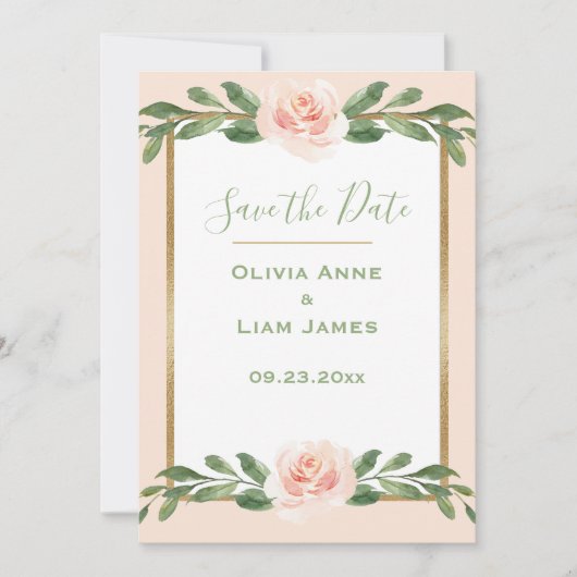 Roze Blush Romantic Floral Elegant Green Script Save The Date (Voorkant)