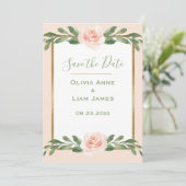 Roze Blush Romantic Floral Elegant Green Script Save The Date (Staand voorkant)
