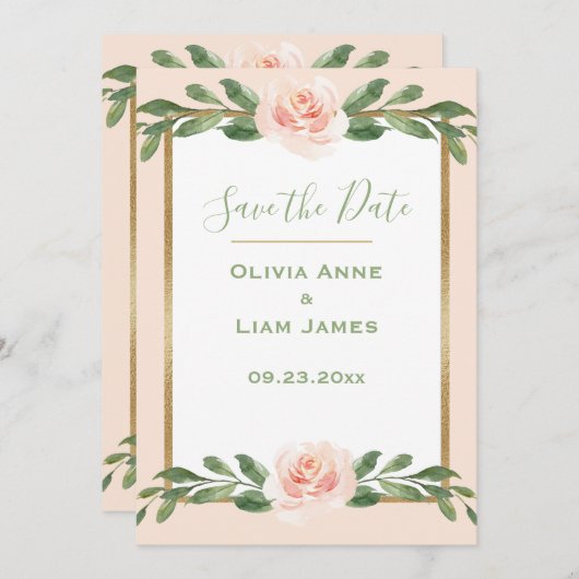 Roze Blush Romantic Floral Elegant Green Script Save The Date (Voorkant / Achterkant)
