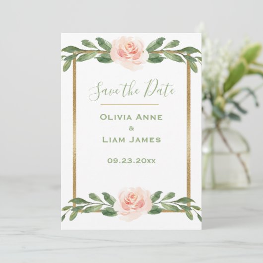 Roze Blush Romantic Floral Elegant Script Gold Save The Date (Staand voorkant)
