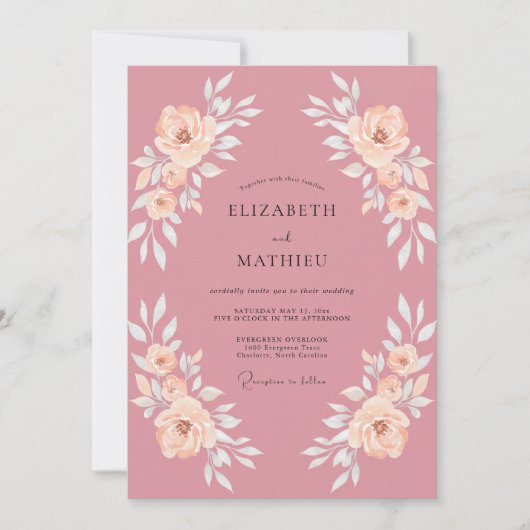 Roze Blush Romantische Bloemige Bruiloft Kaart (Voorkant)