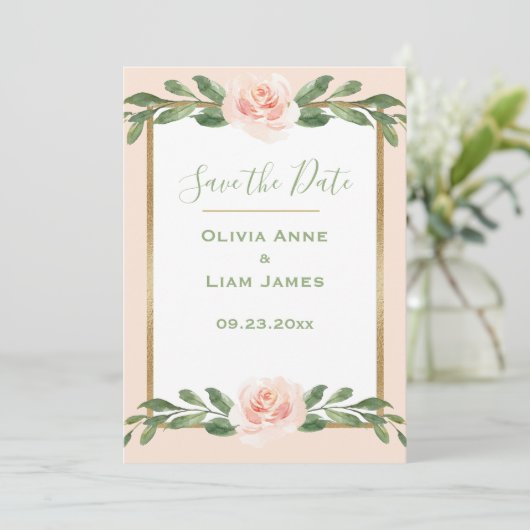 Roze Blush Romantische Bloemige Elegante Groene Sc Save The Date (Staand voorkant)