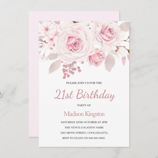 Roze Blush Roos Elegant Womans 21e verjaardag Kaart (Voorkant / Achterkant)