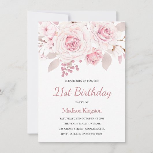 Roze Blush Roos Elegant Womans 21e verjaardag Kaart (Voorkant)