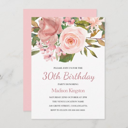 Roze Blush Roos Gold 30th Birthday Party Invite Kaart (Voorkant / Achterkant)