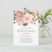 Roze Blush Roos Gold 60th Birthday Party Invite Kaart (Staand voorkant)