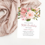 Roze Blush Roos Gold 90th Birthday Party Invite Kaart<br><div class="desc">Roze Blush Roos Gold 90h Birthday Party nodigt collectie in niche en nestwinkel uit</div>