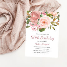 Roze Blush Roos Gold 90th Birthday Party Invite