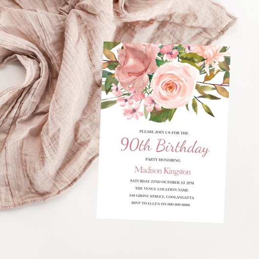 Roze Blush Roos Gold 90th Birthday Party Invite Kaart