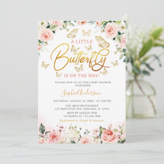 Roze Blush Roos Gold Floral Butterfly Baby shower Kaart (Staand voorkant)