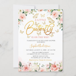 Roze Blush Roos Gold Floral Butterfly Baby shower Kaart