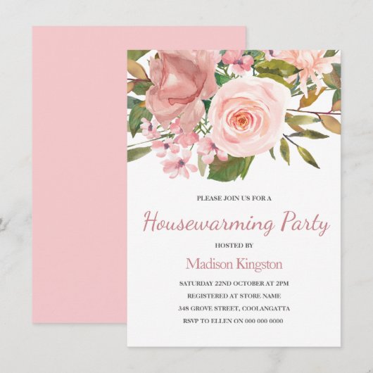 Roze Blush Roos Gold Housewarming Party Invite Kaart (Voorkant / Achterkant)