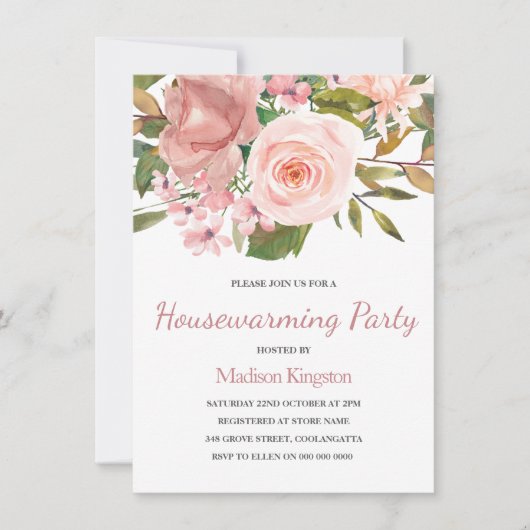 Roze Blush Roos Gold Housewarming Party Invite Kaart (Voorkant)