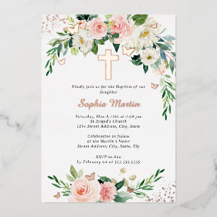 Roze Blush Roos Gouden Kruis Krans Meisje Doop Folie Uitnodiging