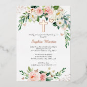 Roze Blush Roos Gouden Kruis Krans Meisje Doop Folie Uitnodiging (Voorkant)