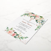 Roze Blush Roos Gouden Kruis Krans Meisje Doop Folie Uitnodiging (Gedraaid)