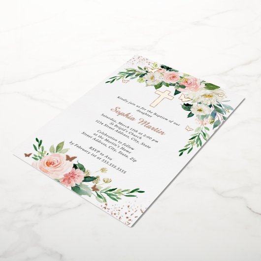 Roze Blush Roos Gouden Kruis Krans Meisje Doop Folie Uitnodiging (Gedraaid)