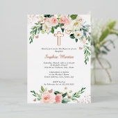 Roze Blush Roos Gouden Kruis Krans Meisje Doop Folie Uitnodiging (Staand Voorkant)