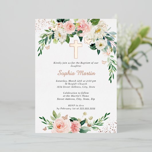 Roze Blush Roos Gouden Kruis Krans Meisje Doop Folie Uitnodiging (Staand Voorkant)