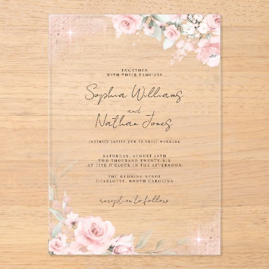 Roze Blush Roos Silver Butterfly Wedding Acryl Uitnodigingen (Voorkant)