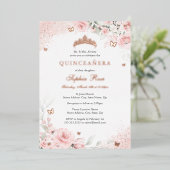 Roze Blush Roos Vlinder Zilver Quinceanera Folie Uitnodiging (Staand Voorkant)