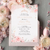 Roze Blush Roos Vlinder Zilver Quinceanera Folie Uitnodiging