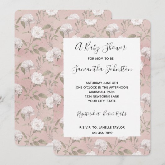 Roze Blush Roos Witte Bloemen Baby shower Kaart (Voorkant / Achterkant)